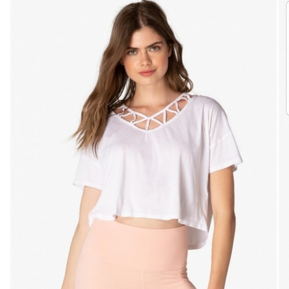 Beyond Yoga White To The Point Lattice Neck Tee